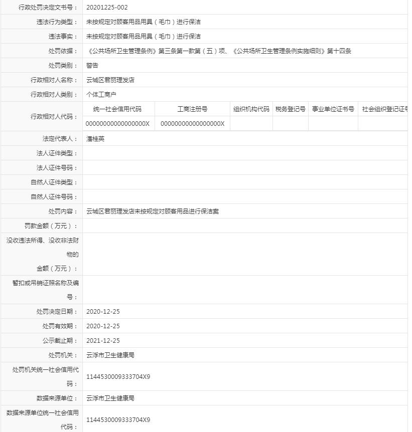 未按规定对顾客用品用具（毛巾）进行保洁(君丽理发店).jpg