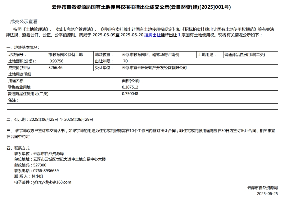 云浮市自然资源局国有土地使用权招拍挂出让成交公示(云自然资(挂)[2025]001号.png