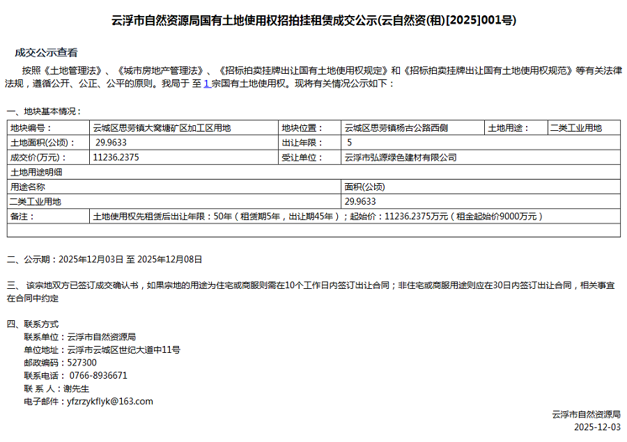 云浮市自然资源局国有土地使用权招拍挂租赁成交公示(云自然资(租)[2025]001号).png