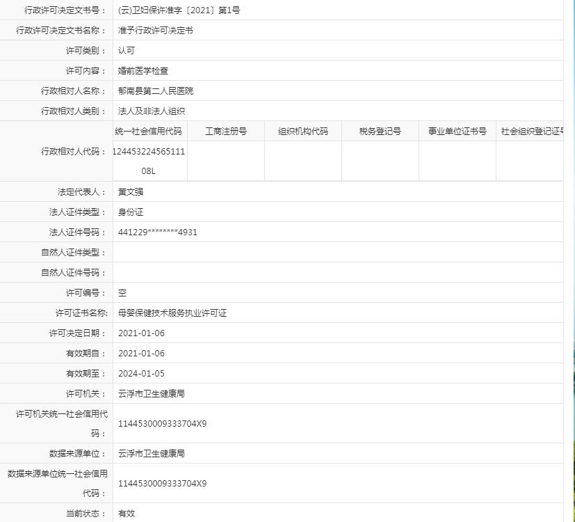 婚前医学检查准予行政许可【郁南县第二人民医院】